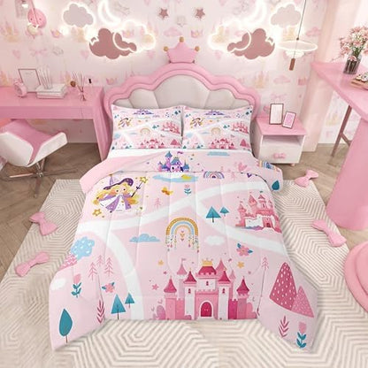 Feelyou Kids Princess Duvet Insert Full Size, Girls Dreamy Magic Castle Comforter Set Boys Girls for Cartoon Rainbow Bedding Set Fairytale Teens Bedroom Decor with 2 Pillow Case