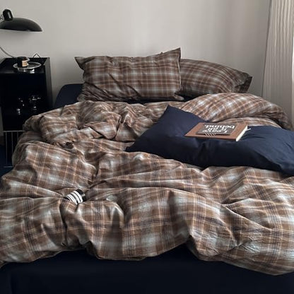 LifeTB Vintage Buffalo Plaid Duvet Cover Queen, Retro Brown&Blue Plaid Checkered Comforter Cover with 2 Pillowcases, 100% Washed Cotton Grid Duvet Cover Breathable Farmhouse Gingham Bedding Set