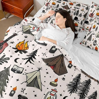 Erosebridal Kids Camper Theme Full Bedding Set 7 Piece Happy Camping Equipment Bed in A Bag with Sheets Botanical Trees Mountain Adventure Comforter Set for Boys Girls Teens,Cute Camper Bed Sets