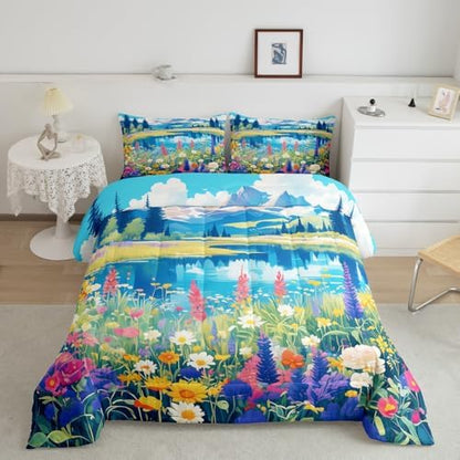 Spring Garden Comforter Set Twin Size,Blossom Flower Lake Mountain Bedding Set for Kids Girls Women Room Decor,Nature Scenery Quilt Set 2Pcs,Floral Botanical Microfiber Duvet Insert,1 Pillowcase