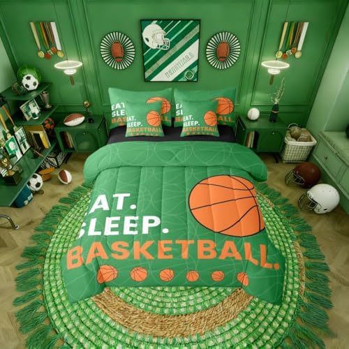 Erosebridal Orange Green Boys Basketball Comforter Set Queen Size 7 Pieces | Sports Gaming Bed in A Bag Ball Teens Men Bed Set Kids Children Bedding