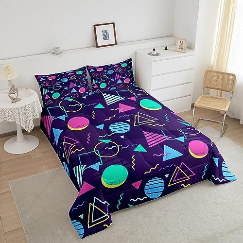 Manfei Memphis Comforter Set King Size, Retro 80s or 90s Fashion Style Bedding Set 3pcs for Kids Boys Girls, Geometric Triangle Circle Quilt Set Soft Polyester Duvet Set with 2 Pillowcases