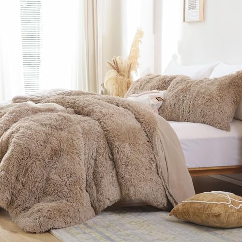Smoofy Fluffy Twin Comforter Set, Khaki Faux Fur Comforter Set 2 Pieces