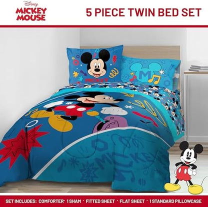 Disney Mickey Mouse Twin Comforter Set 5 Piece Kids Cartoon Bedding, Blue