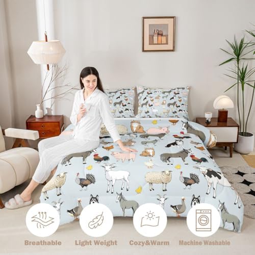 Feelyou Light Blue Farm Animal Comforter Set Toddler Size Cute Animal Bedding Set for Kids Boys Girls Farm Theme Duvet Quilt Cartoon Bedroom Decor 2 Pcs with 1 Pillow Cases