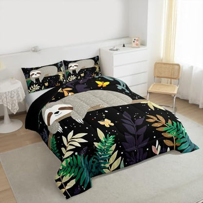 Feelyou Sloth Comforter Cute Sloth Bedding Set for Kids Boys Girls Galaxy Butterfly Comforter Set Botanical Leaves Inner Fill Duvet Set 1 Comforter Set with 2 Pillowcases King Size