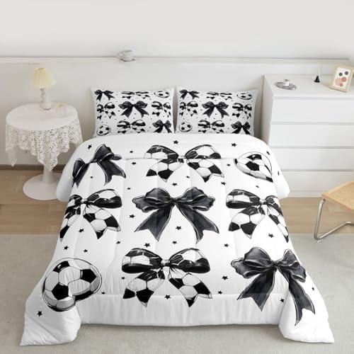 jejeloiu Soccer Ball Bow Kids Comforter Set King Size Football Bedding Set Watercolor Bow Duvet Quilt for Kids Boys Girls Bedroom Rugby Sports Decor Microfiber Ultra Soft Breathable