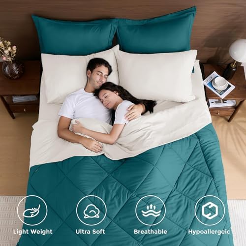 HEVUMYI 5-Piece Twin Comforter Set, Peacock Blue & Ivory Bed in a Bag