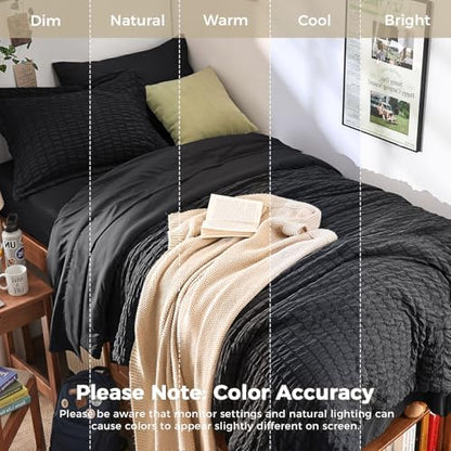 HYMOKEGE Black Twin Comforter Set Seersucker 5 Pieces, All Season Luxury Bed in a Bag for Bedroom, Bedding Set with Comforters, Sheets, Pillowcase & Sham