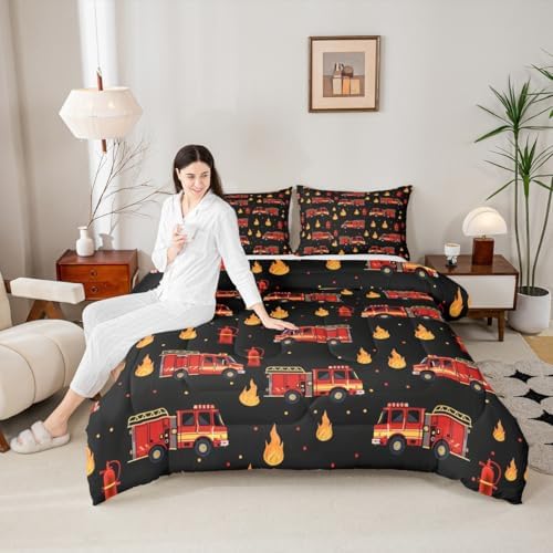 Erosebridal Fire Truck Bedding Set King for Boys, Cartoon Red Firemen Car Comforter Set for Firefighter Room Decor, Black and Red Comforter, Fire Engine Quilt with 2 Pillowcase, 3 Pcs