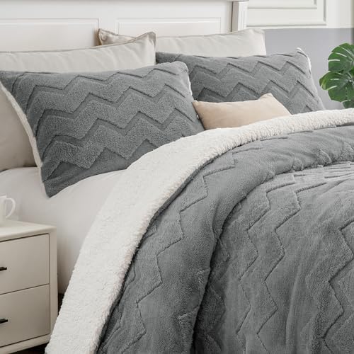 BEDELITE Fluffy Sherpa King Comforter Set,Grey