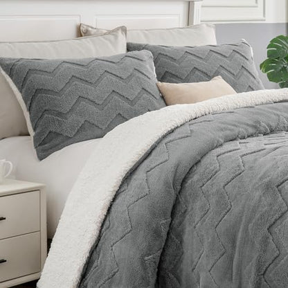 BEDELITE Fluffy Sherpa King Comforter Set,Grey