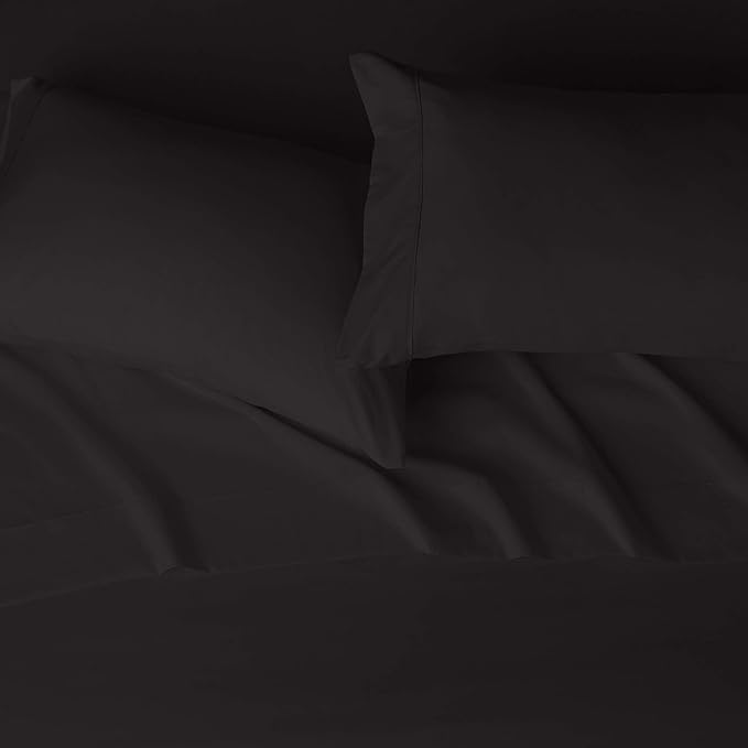 Amazon Basics Lightweight Super Soft Easy Care Breathable Microfiber 4 Piece Cozy Comfortable Bed Sheet Set, Wrinkle Resistant with 14-Inch Deep Pockets, Queen, Black, Solid