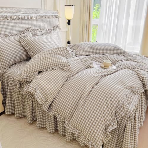 mixinni Vintage Ruffle Tan Gingham Comforter Set 3-Piece Washed Cotton Twin XL Beige Grid Bedding Set with Taupe Geometric Checkered Pattern, Farmhouse Chic Soft Fluffy Comforter for All-Season