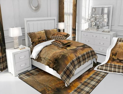 Manfei 3D Deer Comforter Set King Size, Wildlife Hunting Theme Wild Animal Print Bedding Set 3pcs for Kids Boys Teens Bedroom Decor, Champagne Plaid Print Quilt Set with 2 Pillowcases