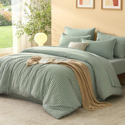 Litanika Forest Green Gingham Queen Comforter Set 7 Pieces