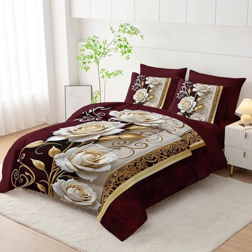 Red and White Floral Comforter Set King Size 7 Piece，Rose King Bedding Set，(1 Comforter, 1 Flat Sheet, 1 Fitted Sheet, 2 Pillowcase and 2 Pillow Sham)，White Rose Bedroom Decor