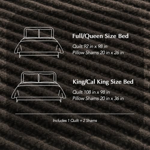 EVERGRACEHOME Cotton Ribbed Matelassé Coverlet Set, Queen Size, Dark Brown