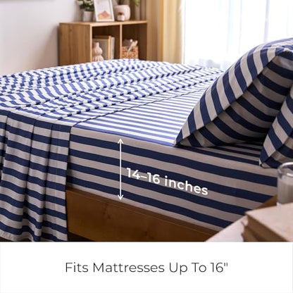 Mellanni Iconic 4-Piece Sheet Set (Cal King, Oxford Stripe Blue Nova)