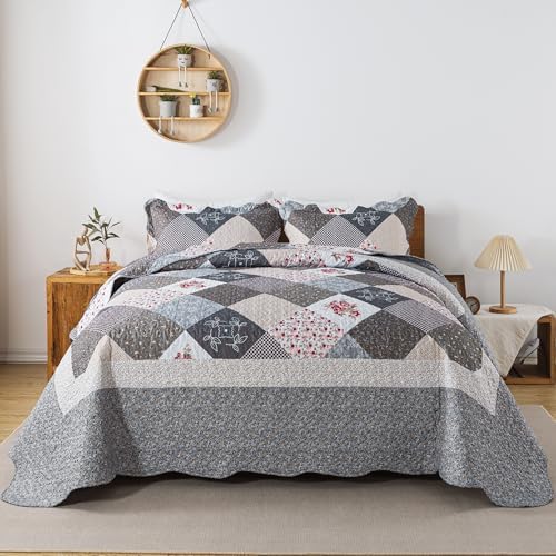 HoneiLife King Quilt Bedding Set - 3 Pieces Microfiber Quilt Sets Lightweight Bedspreads Reversible Coverlets Retro Bed Cover Quilt King Size All Season Quilts-Grey