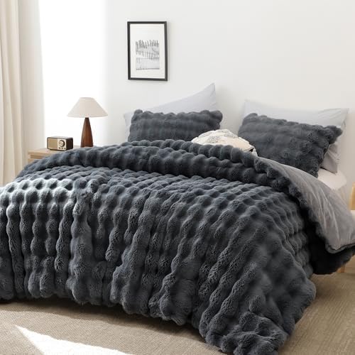 YIKUSH Queen Faux Fur Comforter Set, Fluffy Dark Gray Rabbit Fur Comforter