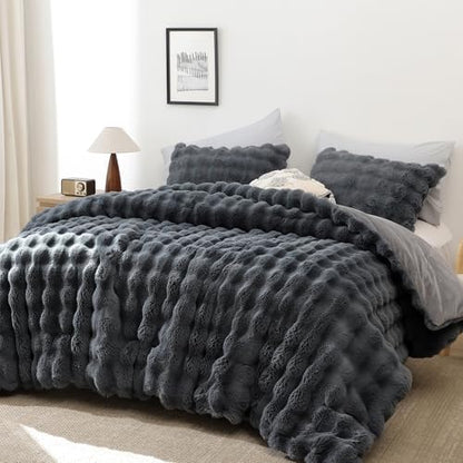 YIKUSH Queen Faux Fur Comforter Set, Fluffy Dark Gray Rabbit Fur Comforter