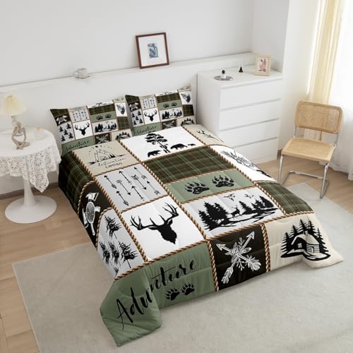 Rustic Farmhouse Kids Comforter Set King Size,Deer Antlers Bear Paws Plaids Patchwork Bedding Set for Boys Girls Adults Room Decor,Pine Trees Arrows Down Comforter,Retro Duvet Insert,2 Pillowcases