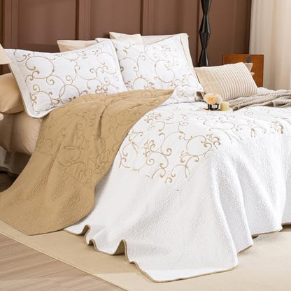 Lady Ann Oversized King 120x120 Quilt Bedspreads,100% Cotton Embroidery Pattern California King Size Quilt Bedding Set Extra Large White with Gold Bedding Coverlet Sets Lightweight All Season 3 Pcs