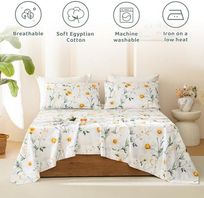 QSH 4PCs Green Floral Sheets Queen Size,100% Egyptian Cotton Sheets Queen Size Yellow Platycodon Flowers Botanical Pattern Printed Bed Sheet Extra Soft and Breathable 17.5" Deep Pockets Bedding Sheet