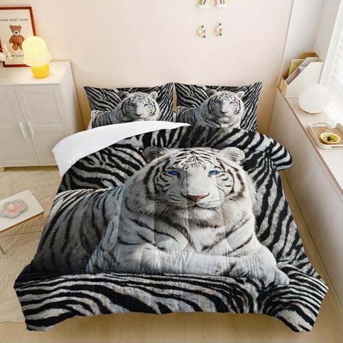3Pcs White Tiger Comforter Set Full Size for Teen Boys Girls Room Decor,3D Animals Print Comforter Set,Wild Animals Theme Black White Stripe Tiger Bedding Set