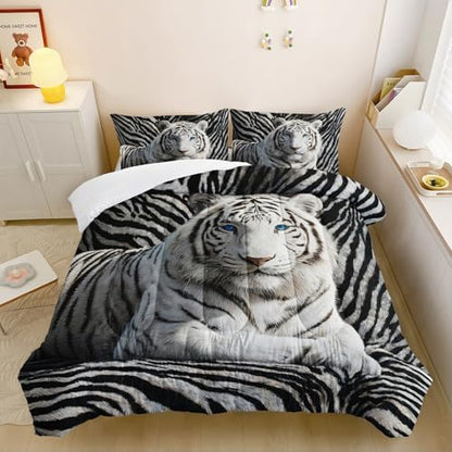 3Pcs White Tiger Comforter Set Full Size for Teen Boys Girls Room Decor,3D Animals Print Comforter Set,Wild Animals Theme Black White Stripe Tiger Bedding Set