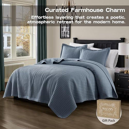 WDCOZY Dusty Blue Queen Size Quilt Set, Striped Pick Stitch Bedspread
