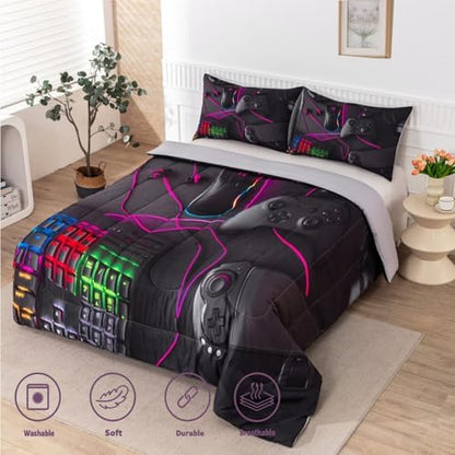 Gaming Comforter for Boys Teens,Game Bedding Sets Twin,Kids Gamer Comforter Set,Video Game Bedroom Bed Set Controller Duvet All Season 3 Piece