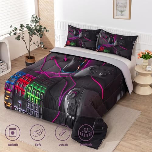Gaming Comforter for Boys Teens,Game Bedding Sets Queen,Kids Gamer Comforter Set,Video Game Bedroom Bed Set Controller Duvet All Season 3 Piece