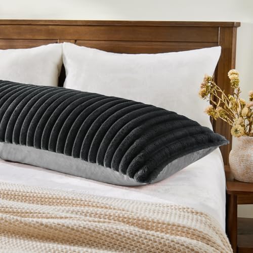 BEDELITE Fluffy Striped Body Pillow Cover with Zipper, Black Grey, 20x54