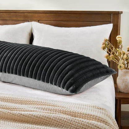 BEDELITE Fluffy Striped Body Pillow Cover with Zipper, Black Grey, 20x54