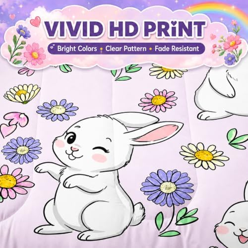 AILONEN Rabbit Comforter Set Twin Size, Cute Bunny Bedding Set,Girls Kids Kawaii Comforter Set,Colorful Daisy Floral Duvet Set 3 Pieces, 1 Quilt and 2 Pillowcases