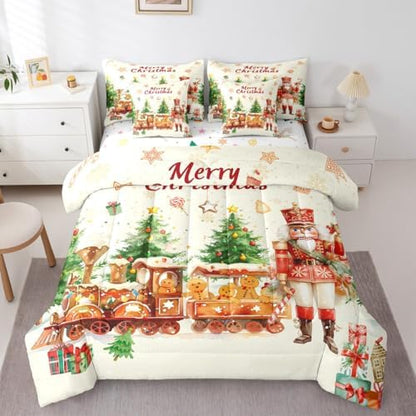 Erosebridal Merry Christmas 7 Piece Bedding Set King Cute Nutcracker Comforter Set with Sheets Xmas Vintage Farmhouse Bed in a Bag Yellow Kawaii Gingerbread Man Bed Sets Comforter