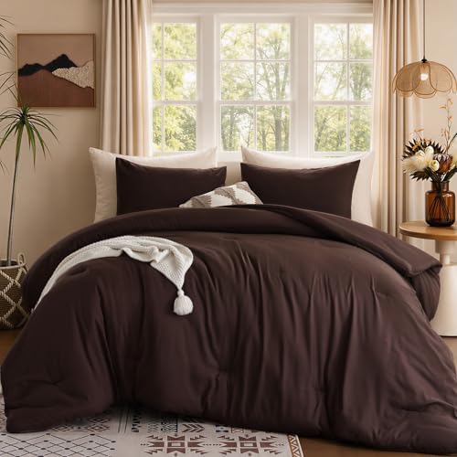 ROSGONIA King Size Comforter Set, Brown, 3 Pieces Soft Bedding Quilt