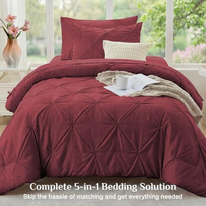 JOLLYVOGUE Twin Comforter Set 5 Pieces - Bed in a Bag Twin for All Season, Pintuck Bedding Comforter Sets with Comforter, Flat Sheet, Fitted Sheet and Pillowcases & Shams, Burgundy