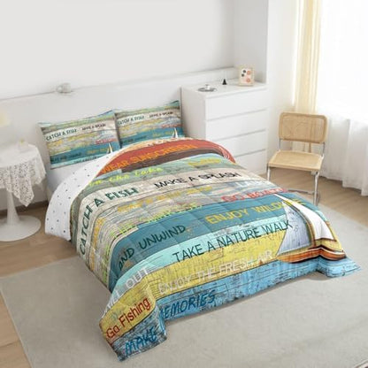 Castle Fairy Lake House Comforter Set Queen Size,Rustic Farmhouse Wooden Bedding Set 3pcs for Kids Teens Adults Room Decor,Boating Lover Quilt Set Vintage Sea Adventure Duvet Insert,2 Pillowcases