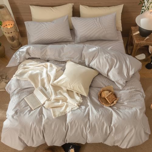 MooMee Striped Duvet Cover Set 100% Washed Cotton Linen Like Queen