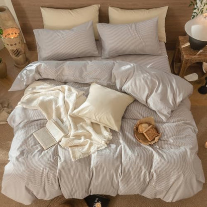 MooMee Striped Duvet Cover Set 100% Washed Cotton Linen Like Queen