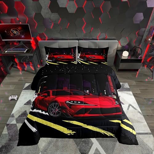 Erosebridal Kids Sports Car Comforter Set Toddler Speed Race Car Boys Bedding Set Automobile Extreme Sport Down Comforter Racing Sports Quilt Racing Car Duvet Insert 2Pcs Bedding Decor