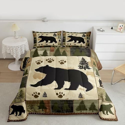 jejeloiu Bear Kids Comforter Set Twin Size Wild Animal Bedding Set Rustic Cabin Country Duvet Quilt for Kids Boys Girls Bedroom Decor Microfiber Ultra Soft Breathable