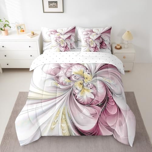Erosebridal Pink Marble Flower Bedding Set for Kids Teens,Abstract Art Comforter Set Queen Size,Retro Artwork Style (Comforter+Fitted+Flat Sheet+2 Pillowcases+2 Throw Pillow Covers) 7 Pieces Bed Set