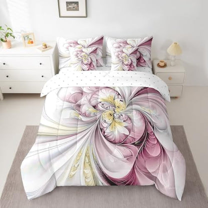 Erosebridal Pink Marble Flower Bedding Set for Kids Teens,Abstract Art Comforter Set King Size,Retro Artwork Style (Comforter+Fitted+Flat Sheet+2 Pillowcases+2 Throw Pillow Covers) 7 Pieces Bed Set