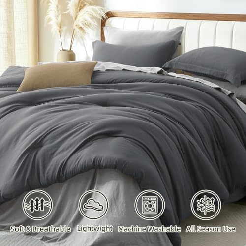Prewashed King Size Comforter Set 7 Pieces, Grey Bed Set