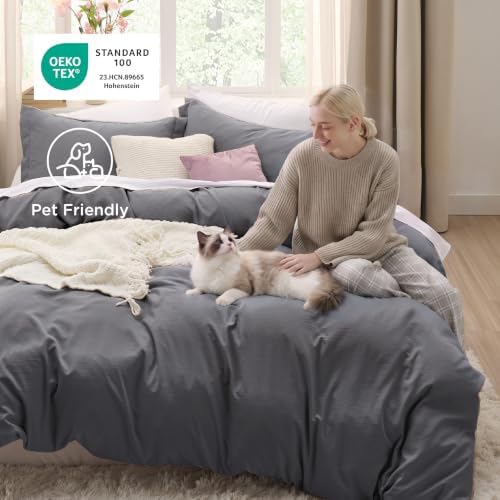 Bedsure Prewashed Duvet Cover Queen, Cotton-Like Bedding Set, Dark Grey