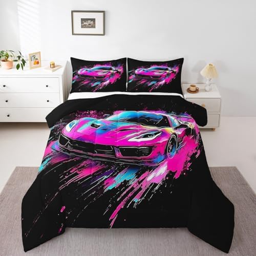 Homewish Cool Sports Car King Size Comforter Set,Kids Race Car Decor All Season Bedding Set,Teens Extreme Sports Comforter,Racing Theme Decor Quilt Set Bedroom Collection 3Pcs